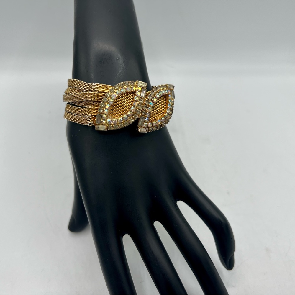 Rare vintage HOBE gold & AB rhinestone costume bracelet 7” multi strand chain - Picture 7 of 14
